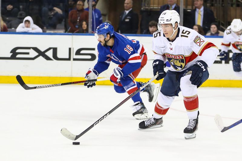 Mar 4, 2024; New York, New York, USA;  Florida Panthers center Anton Lundell (15) controls the puck in the third period against the New York Rangers at Madison Square Garden. Mandatory Credit: Wendell Cruz-USA TODAY Sports