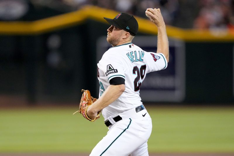 Sep 30, 2023; Phoenix, Arizona, USA; Arizona Diamondbacks starting pitcher Merrill Kelly (29) pitches against the Houston Astros during the first inning at Chase Field. Mandatory Credit: Joe Camporeale-USA TODAY Sports