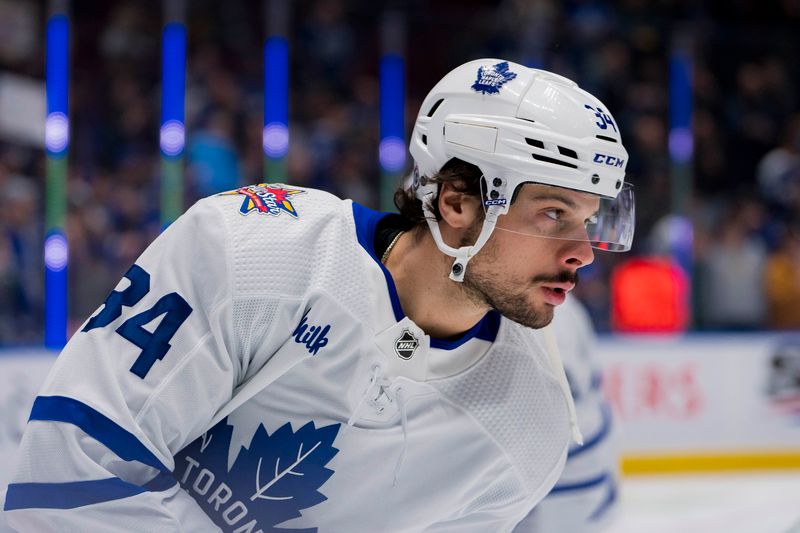 Jan 20, 2024; Vancouver, British Columbia, CAN; Toronto Maple Leafs forward Auston Matthews (34) skates during warm up prior to a game against the Vancouver Canucks at Rogers Arena.  Mandatory Credit: Bob Frid-USA TODAY Sports