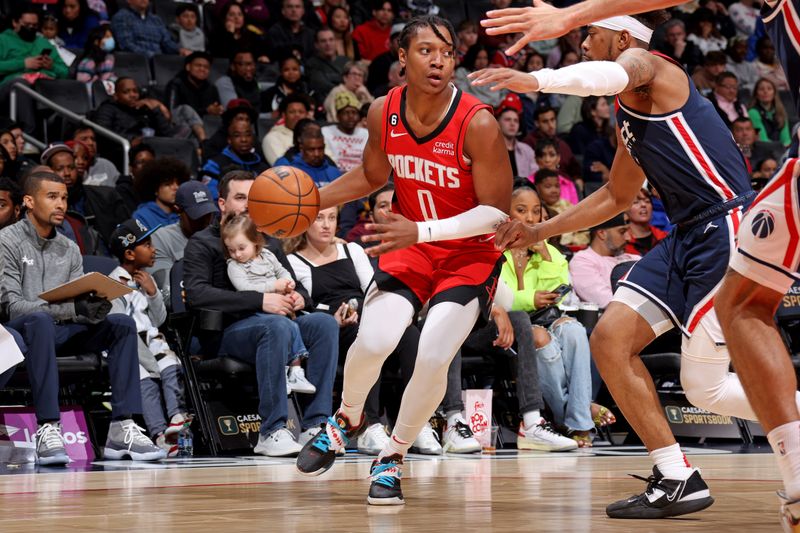 WASHINGTON, DC -? APRIL 9: TyTy Washington #0 of the Houston Rockets handles the ball during the game against the Washington Wizards on April 9, 2023 at Capital One Arena in Washington, DC. NOTE TO USER: User expressly acknowledges and agrees that, by downloading and or using this Photograph, user is consenting to the terms and conditions of the Getty Images License Agreement. Mandatory Copyright Notice: Copyright 2023 NBAE (Photo by Stephen Gosling/NBAE via Getty Images)