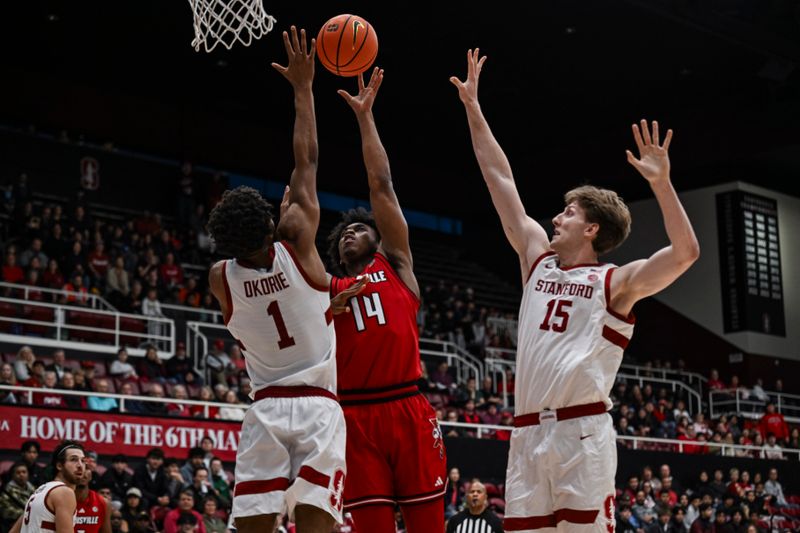 Jan 2, 2025; Stanford, California, USA; Louisville Cardinals guard Adrian Wooley (14) shoots over Stanford Cardinal guard Ebuka Okorie (1) during the first half at Maples Pavilion. Mandatory Credit: Justine Willard-Imagn Images
