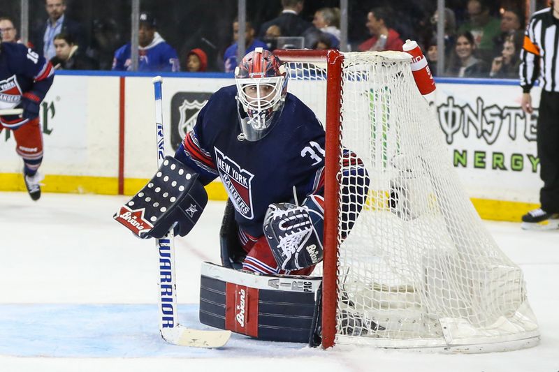 Mar 23, 2024; New York, New York, USA; New York Rangers goaltender Igor Shesterkin (31) defends the net in the third period against the Florida Panthers at Madison Square Garden. Mandatory Credit: Wendell Cruz-USA TODAY Sports