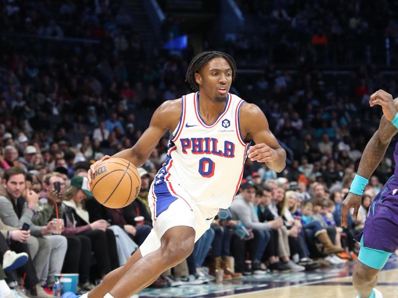 CHARLOTTE, NC - JANUARY 20:  Tyrese Maxey #0 of the Philadelphia 76ers goes to the basket during the game on January 20, 2024 at Spectrum Center in Charlotte, North Carolina. NOTE TO USER: User expressly acknowledges and agrees that, by downloading and or using this photograph, User is consenting to the terms and conditions of the Getty Images License Agreement.  Mandatory Copyright Notice:  Copyright 2024 NBAE (Photo by Brock Williams-Smith/NBAE via Getty Images)