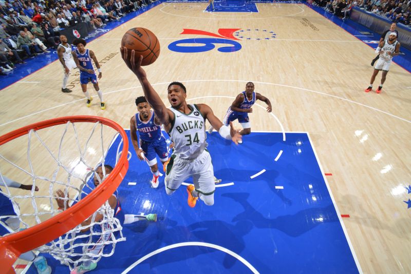 PHILADELPHIA, PA - OCTOBER 23: Giannis Antetokounmpo #34 of the Milwaukee Bucks drives to the basket during the game against the Philadelphia 76ers on October 23, 2024 at the Wells Fargo Center in Philadelphia, Pennsylvania NOTE TO USER: User expressly acknowledges and agrees that, by downloading and/or using this Photograph, user is consenting to the terms and conditions of the Getty Images License Agreement. Mandatory Copyright Notice: Copyright 2024 NBAE (Photo by Jesse D. Garrabrant/NBAE via Getty Images)