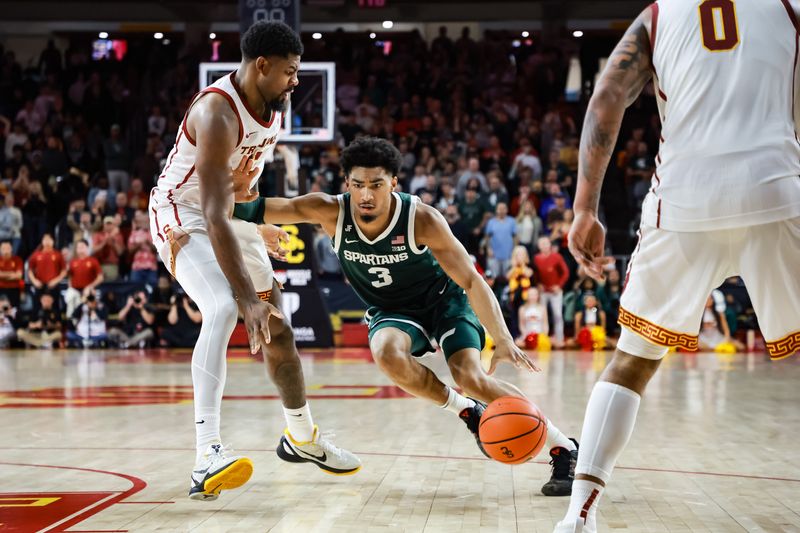Feb 1, 2025; Los Angeles, California, USA;  Michigan State Spartans guard Jaden Akins (3) dribbles the ball against the Michigan State Spartans during the second half at Galen Center. Mandatory Credit: William Navarro-Imagn Images