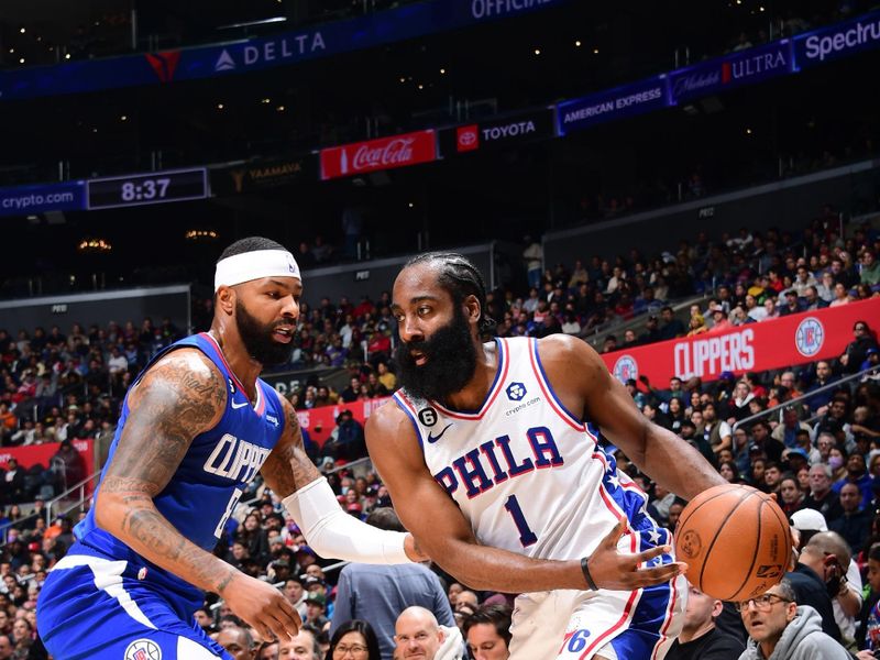 LOS ANGELES, CA - JANUARY 17: James Harden #1 of the Philadelphia 76ers dribbles the ball during the game against the LA Clippers on January 17, 2023 at Crypto.Com Arena in Los Angeles, California. NOTE TO USER: User expressly acknowledges and agrees that, by downloading and/or using this Photograph, user is consenting to the terms and conditions of the Getty Images License Agreement. Mandatory Copyright Notice: Copyright 2023 NBAE (Photo by Adam Pantozzi/NBAE via Getty Images)