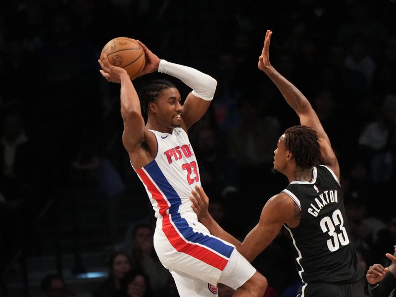 BROOKLYN, NY - NOVEMBER 3: Jaden Ivey #23 of the Detroit Pistons passes the ball during the game against the Brooklyn Nets on November 3, 2024 at Barclays Center in Brooklyn, New York. NOTE TO USER: User expressly acknowledges and agrees that, by downloading and or using this Photograph, user is consenting to the terms and conditions of the Getty Images License Agreement. Mandatory Copyright Notice: Copyright 2024 NBAE (Photo by Jesse D. Garrabrant/NBAE via Getty Images)