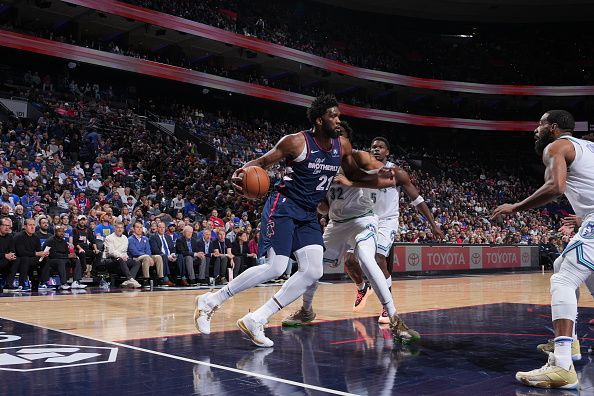 PHILADELPHIA, PA - DECEMBER 20: Joel Embiid #21 of the Philadelphia 76ers drives to the basket during the game against the Minnesota Timberwolves on December 20, 2023 at the Wells Fargo Center in Philadelphia, Pennsylvania NOTE TO USER: User expressly acknowledges and agrees that, by downloading and/or using this Photograph, user is consenting to the terms and conditions of the Getty Images License Agreement. Mandatory Copyright Notice: Copyright 2023 NBAE (Photo by Jesse D. Garrabrant/NBAE via Getty Images)