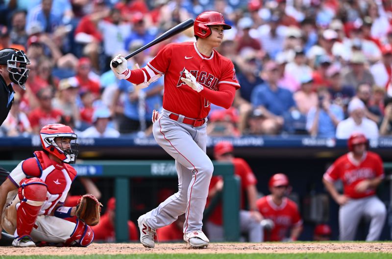 Aug 30, 2023; Philadelphia, Pennsylvania, USA; Los Angeles Angels designated hitter Shohei Ohtani (17) hits an RBI single against the Philadelphia Phillies in the fifth inning at Citizens Bank Park. Mandatory Credit: Kyle Ross-USA TODAY Sports