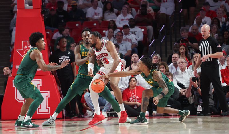 Feb 10, 2025; Houston, Texas, USA; Houston Cougars forward J'Wan Roberts (13) is fouled by Baylor Bears guard Jayden Nunn (2) in the second half at Fertitta Center. Mandatory Credit: Thomas Shea-Imagn Images