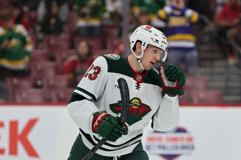 Oct 22, 2024; Sunrise, Florida, USA; Minnesota Wild center Marco Rossi (23) looks on after scoring against the Florida Panthers during the first period at Amerant Bank Arena. Mandatory Credit: Sam Navarro-Imagn Images