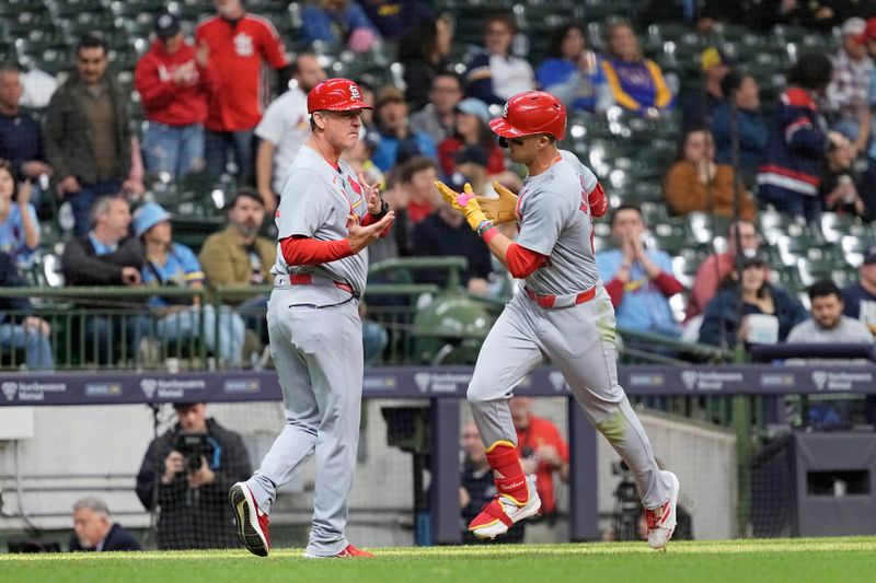 May 9, 2024; Milwaukee, Wisconsin, USA;  St. Louis Cardinals left fielder Lars Nootbaar (21) celebrates after hitting a home run during the third inning against the Milwaukee Brewers at American Family Field. Mandatory Credit: Jeff Hanisch-USA TODAY Sports