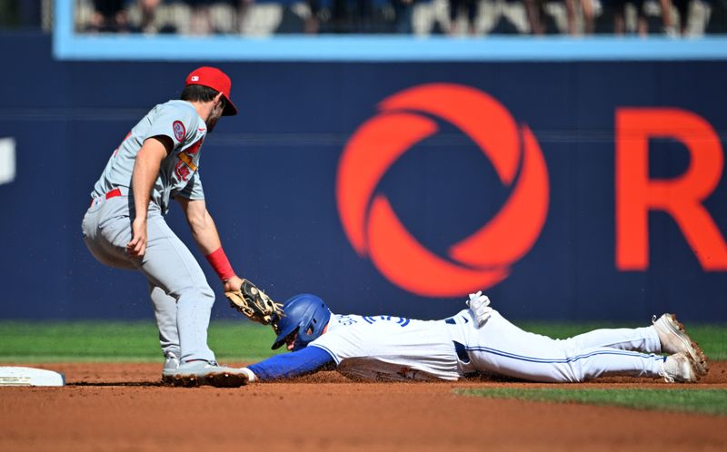 Sep 15, 2024; Toronto, Ontario, CAN;  Toronto Blue Jays left fielder Davis Schneider (36) is tagged out by St. Louis Cardinals shortstop Thomas Saggese (25) trying to steal second base in the second inning at Rogers Centre. Mandatory Credit: Dan Hamilton-Imagn Images