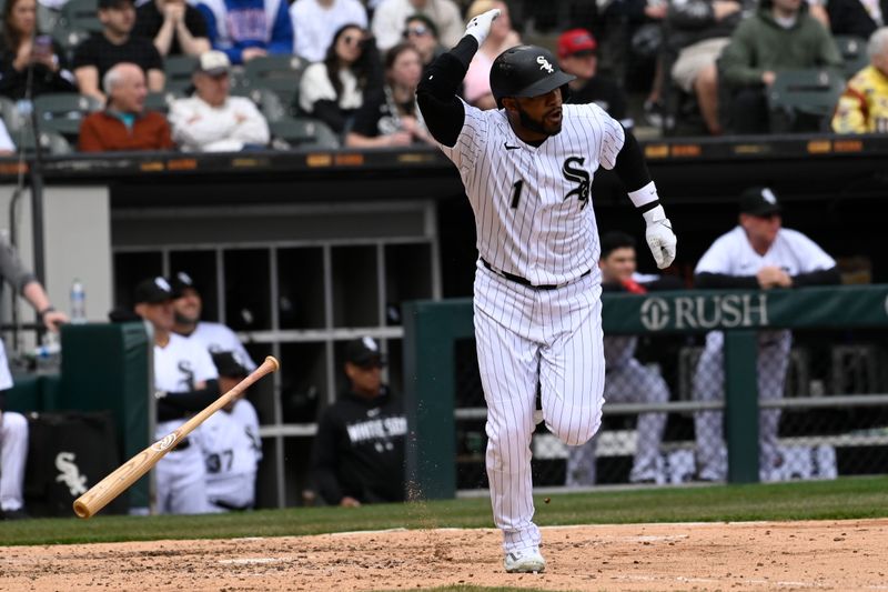 Apr 5, 2023; Chicago, Illinois, USA;  Chicago White Sox second baseman Elvis Andrus (1) after he hits his 2000th career hit during the fifth inning against the San Francisco Giants  at Guaranteed Rate Field. Mandatory Credit: Matt Marton-USA TODAY Sports