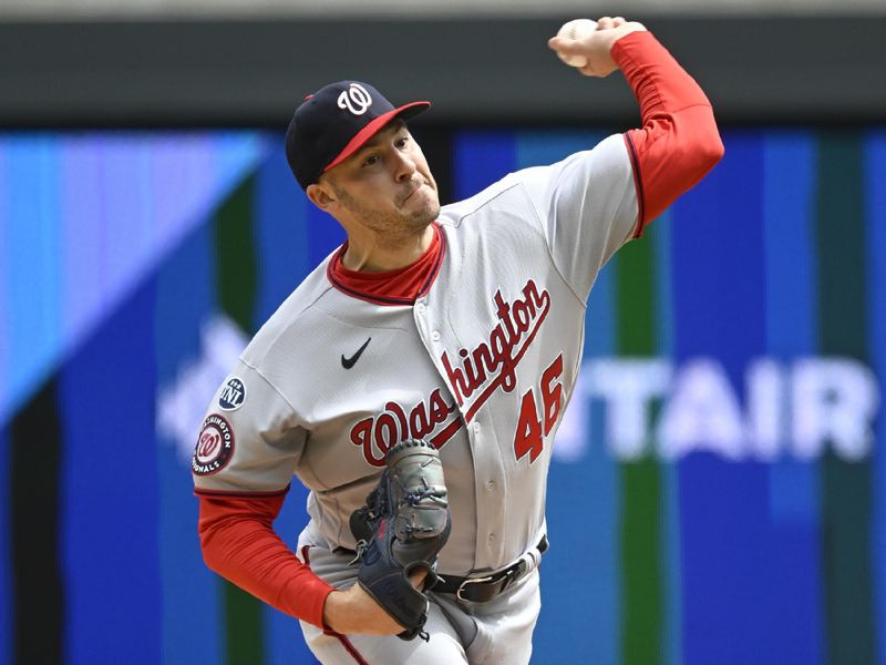 Apr 23, 2023; Minneapolis, Minnesota, USA;  Washington Nationals pitcher Patrick Corbin (46) delivers against the Minnesota Twins at Target Field. Mandatory Credit: Nick Wosika-USA TODAY Sports