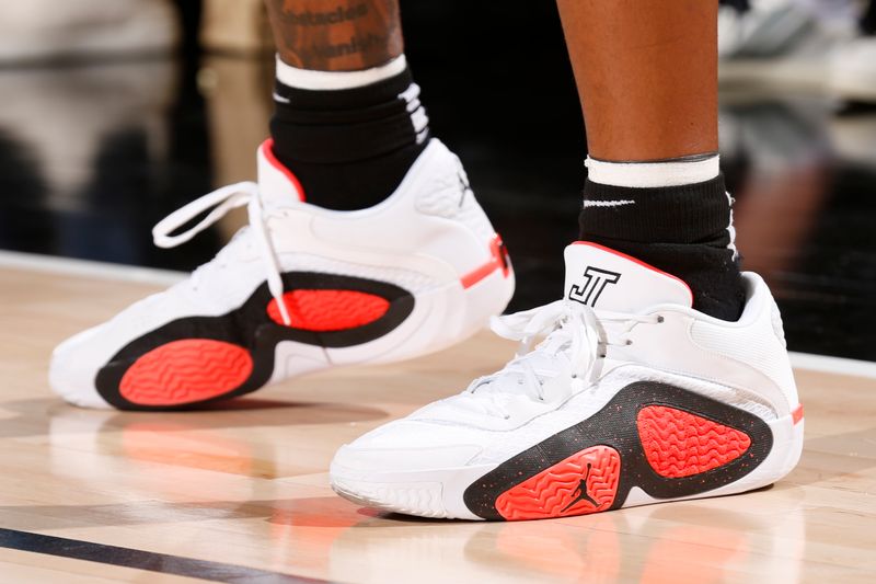 PORTLAND, OR - OCTOBER 18: The sneakers worn by Brice Sensabaugh #28 of the Utah Jazz during the game against the Portland Trail Blazers on October 18, 2024 at the Moda Center Arena in Portland, Oregon. NOTE TO USER: User expressly acknowledges and agrees that, by downloading and or using this photograph, user is consenting to the terms and conditions of the Getty Images License Agreement. Mandatory Copyright Notice: Copyright 2024 NBAE (Photo by Cameron Browne/NBAE via Getty Images)