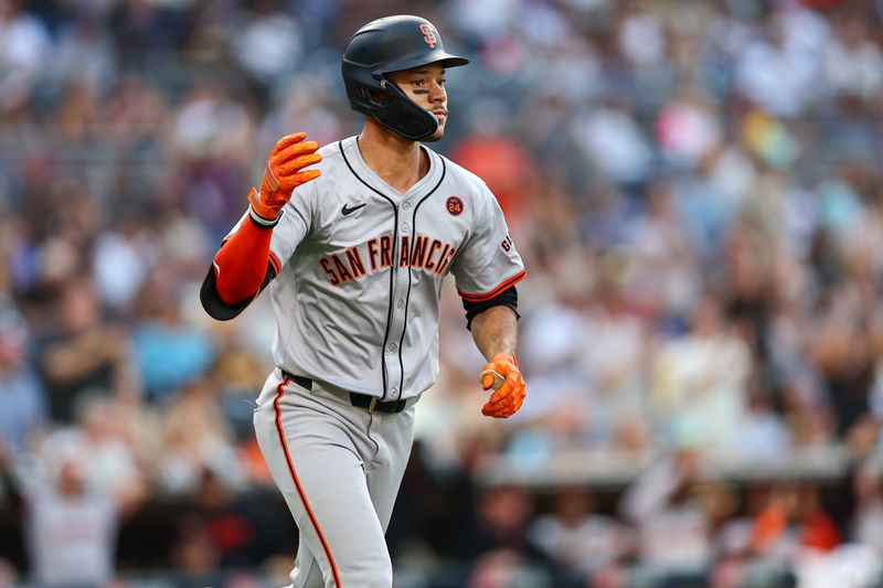 Sep 7, 2024; San Diego, California, USA; San Francisco Giants center fielder Grant McCray (58) reacts after hitting a three run home run against the San Diego Padres during the second inning at Petco Park. Mandatory Credit: Chadd Cady-Imagn Images