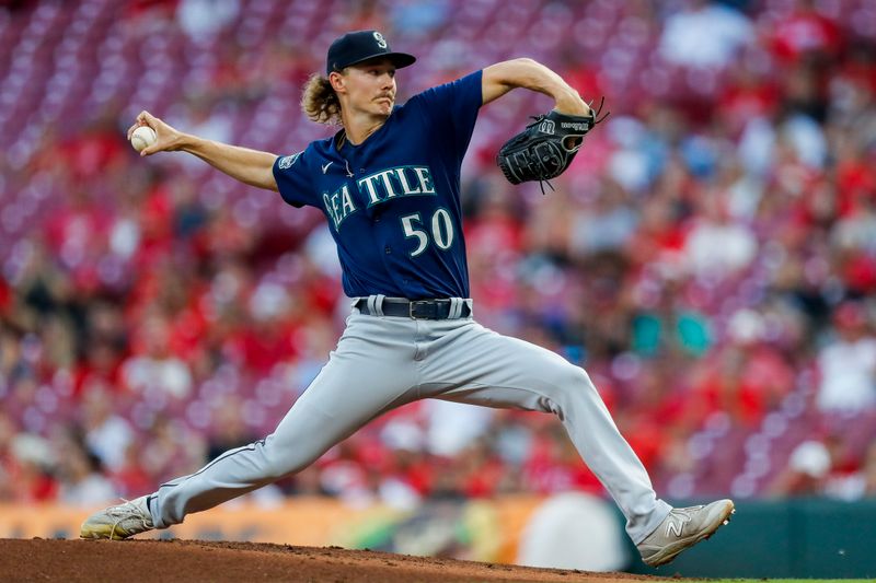 Sep 5, 2023; Cincinnati, Ohio, USA; Seattle Mariners starting pitcher Bryce Miller (50) pitches against the Cincinnati Reds in the first inning at Great American Ball Park. Mandatory Credit: Katie Stratman-USA TODAY Sports