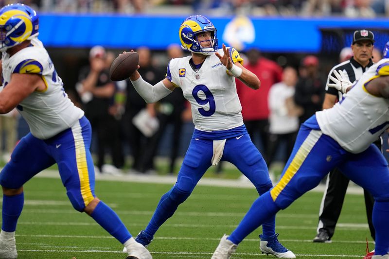 Los Angeles Rams quarterback Matthew Stafford during the first half of an NFL football game San Francisco 49ers Sunday, Sept. 17, 2023, in Inglewood, Calif. (AP Photo/Gregory Bull)