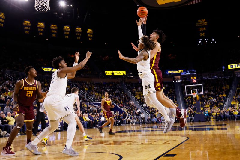 Jan 22, 2023; Ann Arbor, Michigan, USA;  Minnesota Golden Gophers forward Dawson Garcia (3) shoots in the second half against the Michigan Wolverines at Crisler Center. Mandatory Credit: Rick Osentoski-USA TODAY Sports