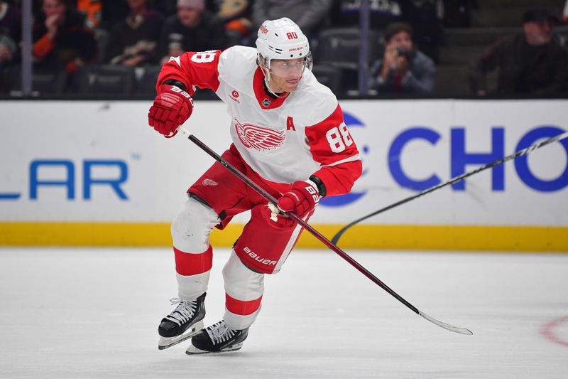 Nov 15, 2024; Anaheim, California, USA; Detroit Red Wings right wing Patrick Kane (88) in action against the Anaheim Ducks during the first period at Honda Center. Mandatory Credit: Gary A. Vasquez-Imagn Images