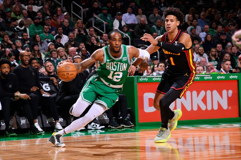 BOSTON, MA - FEBRUARY 7: Oshae Brissett #12 of the Boston Celtics dribbles the ball during the game against the Atlanta Hawks on February 7, 2024 at the TD Garden in Boston, Massachusetts. NOTE TO USER: User expressly acknowledges and agrees that, by downloading and or using this photograph, User is consenting to the terms and conditions of the Getty Images License Agreement. Mandatory Copyright Notice: Copyright 2024 NBAE  (Photo by Brian Babineau/NBAE via Getty Images)