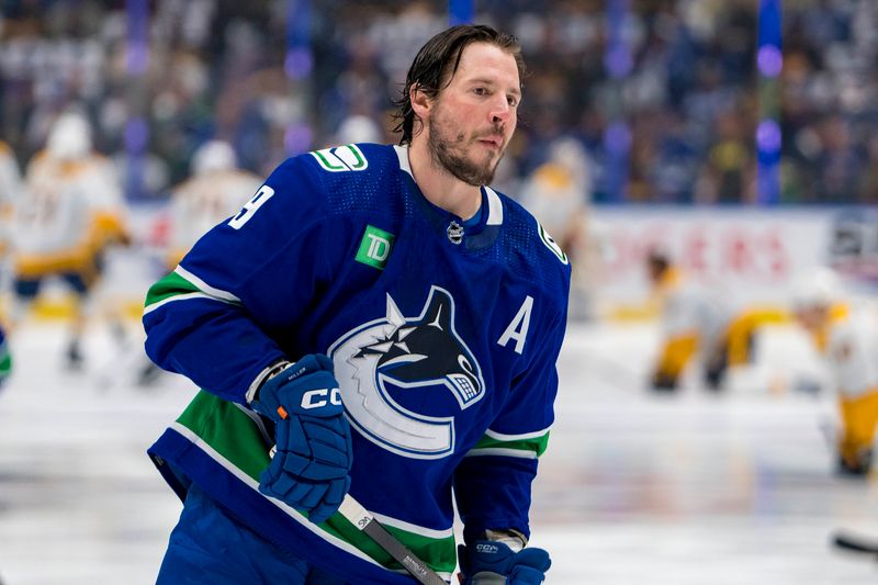 Apr 30, 2024; Vancouver, British Columbia, CAN; Vancouver Canucks forward J.T. Miller (9) skates in warm up prior to game five of the first round of the 2024 Stanley Cup Playoffs against the Nashville Predators at Rogers Arena. Mandatory Credit: Bob Frid-USA TODAY Sports
