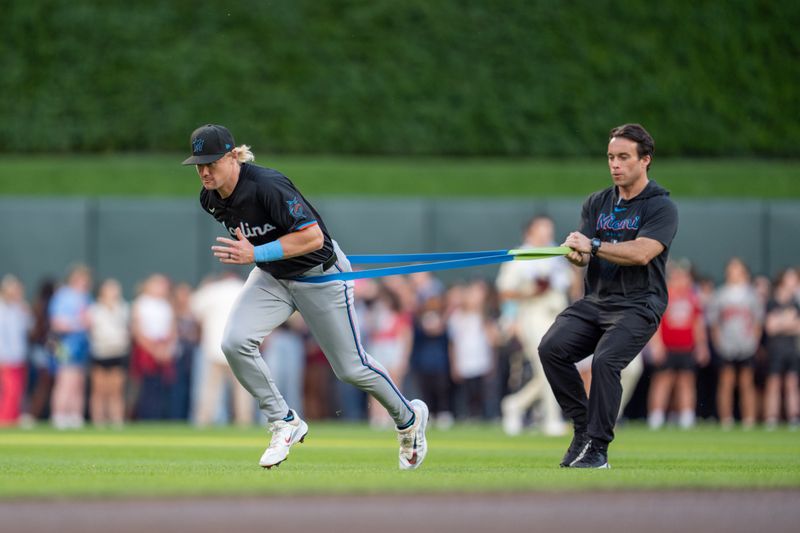 Sep 26, 2024; Minneapolis, Minnesota, USA; Miami Marlins outfielder Kyle Stowers (28) warms up before the game against the Minnesota Twins at Target Field. Mandatory Credit: Matt Blewett-Imagn Images