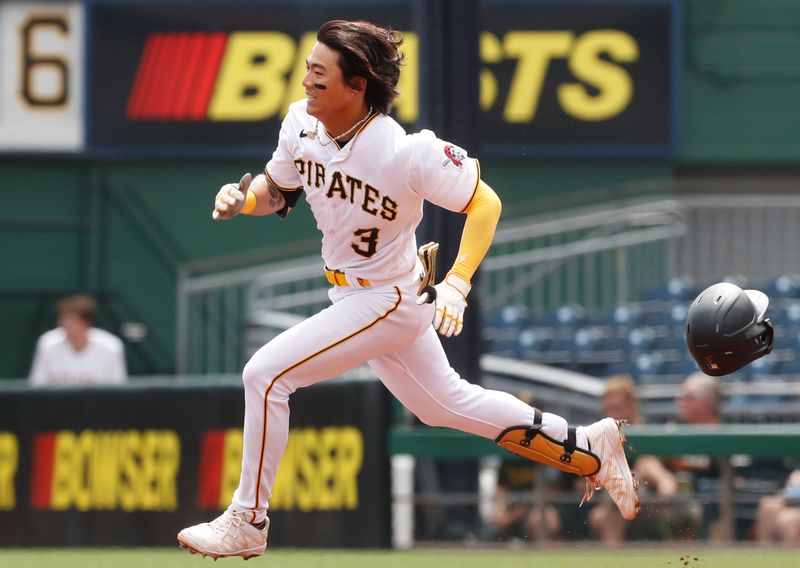 Aug 27, 2023; Pittsburgh, Pennsylvania, USA;  Pittsburgh Pirates second baseman Ji Hwan Bae (3) runs to second base with a double against the Chicago Cubs during the first inning at PNC Park. Mandatory Credit: Charles LeClaire-USA TODAY Sports