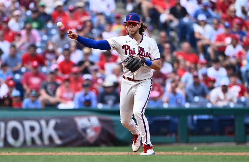 Aug 30, 2023; Philadelphia, Pennsylvania, USA; Philadelphia Phillies infielder Alec Bohm (28) throws to first against the Los Angeles Angels in the second inning at Citizens Bank Park. Mandatory Credit: Kyle Ross-USA TODAY Sports