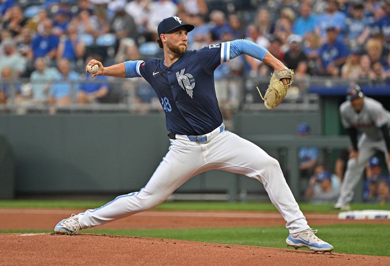 Jun 28, 2024; Kansas City, Missouri, USA;  Kansas City Royals starting pitcher Alec Marsh (48) delivers a pitch in the first inning against the Cleveland Guardians at Kauffman Stadium. Mandatory Credit: Peter Aiken-USA TODAY Sports