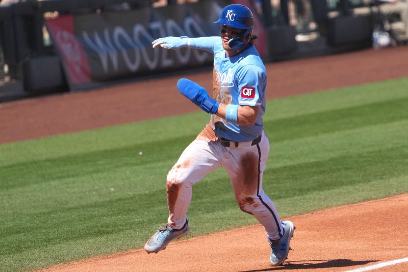 Mar 11, 2024; Surprise, Arizona, USA; Kansas City Royals shortstop Bobby Witt Jr. (7) rounds third base and scores a run against the San Francisco Giants during the first inning at Surprise Stadium. Mandatory Credit: Joe Camporeale-USA TODAY Sports