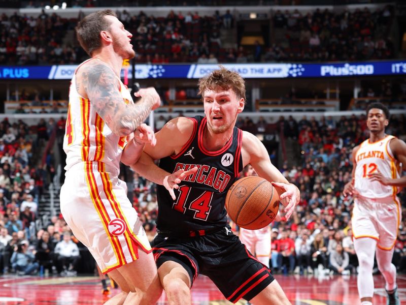 CHICAGO, IL - NOVEMBER 22: Matas Buzelis #14 of Chicago Bulls drives to the basket during the game against the Atlanta Hawks during the Emirates NBA Cup game on November 22, 2024 at United Center in Chicago, Illinois. NOTE TO USER: User expressly acknowledges and agrees that, by downloading and or using this photograph, User is consenting to the terms and conditions of the Getty Images License Agreement. Mandatory Copyright Notice: Copyright 2024 NBAE (Photo by Jeff Haynes/NBAE via Getty Images)