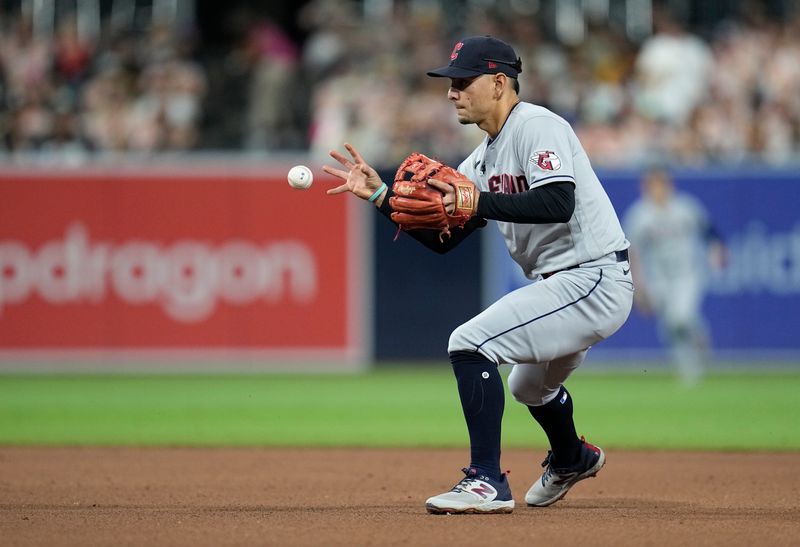 Jun 14, 2023; San Diego, California, USA;  Cleveland Guardians second baseman Andres Gimenez (0) fields a ground out against the San Diego Padres during the seventh inning at Petco Park. Mandatory Credit: Ray Acevedo-USA TODAY Sports