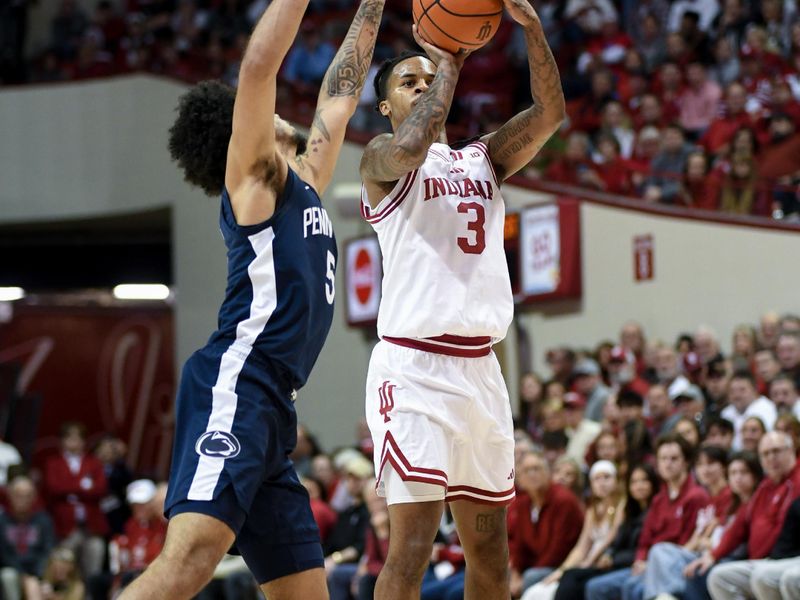 Dec 9, 2025; Bloomington, Indiana, USA; Indiana Hoosiers guard Lamar Wilkerson (3) shoots the ball past Penn State Nittany Lions guard Freddie Dilione V (5) during the first half at Simon Skjodt Assembly Hall. Mandatory Credit: Robert Goddin-Imagn Images