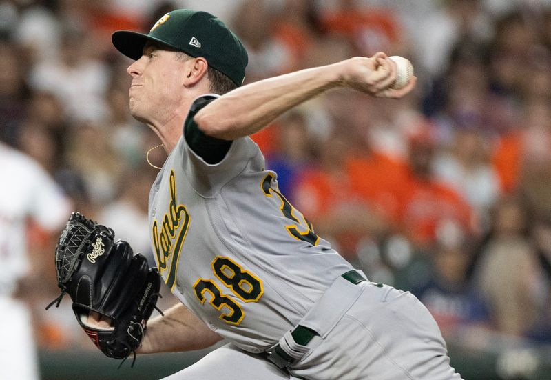 Sep 12, 2023; Houston, Texas, USA; Oakland Athletics starting pitcher JP Sears (38) pitches against the Houston Astros in the fourth inning at Minute Maid Park. Mandatory Credit: Thomas Shea-USA TODAY Sports