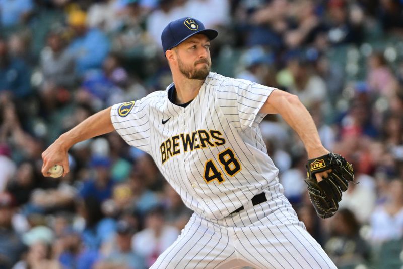 May 28, 2023; Milwaukee, Wisconsin, USA;  Milwaukee Brewers pitcher Colin Rea (48) pitches against the San Francisco Giants in the fifth inning at American Family Field. Mandatory Credit: Benny Sieu-USA TODAY Sports