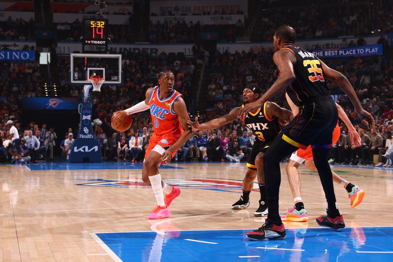 OKLAHOMA CITY, OK - MARCH 29: Jalen Williams #8 of the Oklahoma City Thunder handles the ball during the game against the Phoenix Suns on March 29, 2024 at Paycom Arena in Oklahoma City, Oklahoma. NOTE TO USER: User expressly acknowledges and agrees that, by downloading and or using this photograph, User is consenting to the terms and conditions of the Getty Images License Agreement. Mandatory Copyright Notice: Copyright 2024 NBAE (Photo by Zach Beeker/NBAE via Getty Images)