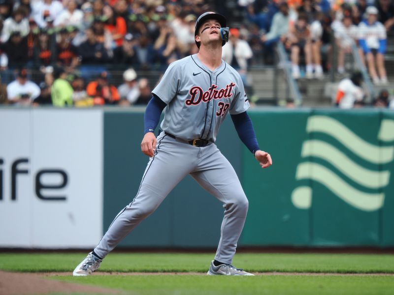 Aug 11, 2024; San Francisco, California, USA; Detroit Tigers catcher Dillon Dingler (38) follows the ball against the San Francisco Giants during the fifth inning at Oracle Park. Mandatory Credit: Kelley L Cox-USA TODAY Sports