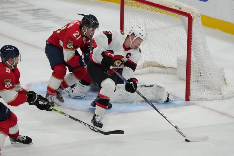 Feb 20, 2024; Sunrise, Florida, USA; Ottawa Senators left wing Brady Tkachuk (7) tries to take a shot as Florida Panthers center Nick Cousins (21) defends during the third period at Amerant Bank Arena. Mandatory Credit: Jim Rassol-USA TODAY Sports