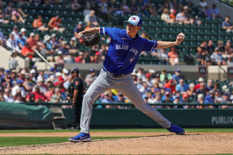 Mar 3, 2025; Lakeland, Florida, USA; Toronto Blue Jays pitcher Ryan Yarbrough (35) pitches during the fourth inning against the Detroit Tigers at Publix Field at Joker Marchant Stadium. Mandatory Credit: Mike Watters-Imagn Images