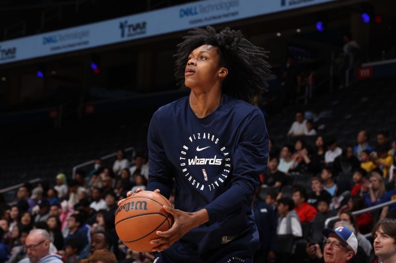 WASHINGTON, DC -? APRIL 3: Bub Carrington #8 of the Washington Wizards warms up before the game against the Orlando Magic on April 3, 2025 at Capital One Arena in Washington, DC. NOTE TO USER: User expressly acknowledges and agrees that, by downloading and or using this Photograph, user is consenting to the terms and conditions of the Getty Images License Agreement. Mandatory Copyright Notice: Copyright 2025 NBAE (Photo by Stephen Gosling/NBAE via Getty Images)