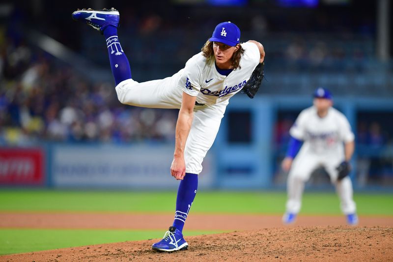 Apr 3, 2024; Los Angeles, California, USA; Los Angeles Dodgers starting pitcher Tyler Glasnow (31) throws against the San Francisco Giants during the sixth inning at Dodger Stadium. Mandatory Credit: Gary A. Vasquez-USA TODAY Sports