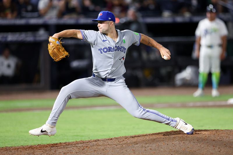 May 24, 2025; Tampa, Florida, USA; Toronto Blue Jays pitcher Mason Fluharty (68) throws a pitch against the Tampa Bay Rays in the seventh inning at George M. Steinbrenner Field. Mandatory Credit: Nathan Ray Seebeck-Imagn Images
