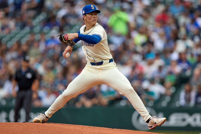 Jul 21, 2024; Seattle, Washington, USA; Seattle Mariners starting pitcher Bryan Woo (22) throws against the Houston Astros during the first inning at T-Mobile Park. Mandatory Credit: John Froschauer-USA TODAY Sports