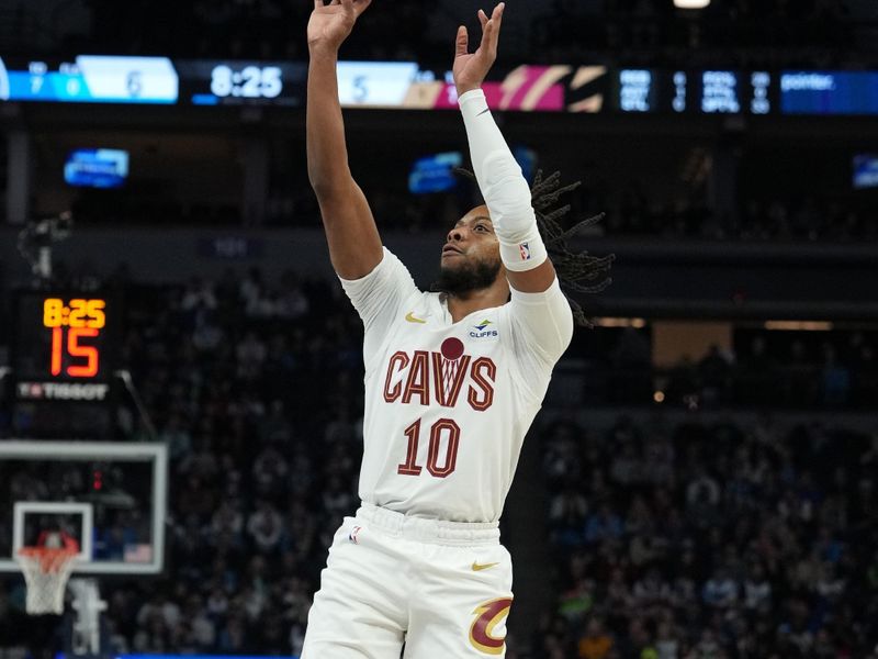 MINNEAPOLIS, MN -  MARCH 22: Darius Garland #10 of the Cleveland Cavaliers shoots the ball during the game against the Minnesota Timberwolves on March 22, 2024 at Target Center in Minneapolis, Minnesota. NOTE TO USER: User expressly acknowledges and agrees that, by downloading and or using this Photograph, user is consenting to the terms and conditions of the Getty Images License Agreement. Mandatory Copyright Notice: Copyright 2024 NBAE (Photo by Jordan Johnson/NBAE via Getty Images)