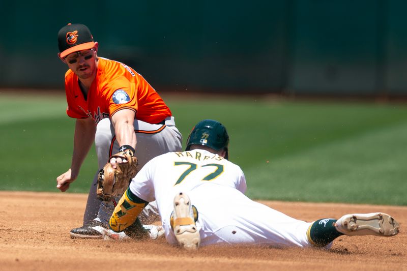 Jul 6, 2024; Oakland, California, USA; Oakland Athletics third baseman Brett Harris (77) slides safely into second base with a double as Baltimore Orioles infielder Jordan Westburg (11) applies the tag too late during the second inning at Oakland-Alameda County Coliseum. Mandatory Credit: D. Ross Cameron-USA TODAY Sports