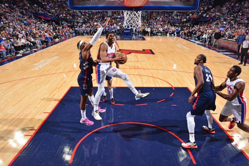 PHILADELPHIA, PA - APRIL 9: Jaden Ivey #23 of the Detroit Pistons drives to the basket during the game against the Philadelphia 76ers on April 9, 2024 at the Wells Fargo Center in Philadelphia, Pennsylvania NOTE TO USER: User expressly acknowledges and agrees that, by downloading and/or using this Photograph, user is consenting to the terms and conditions of the Getty Images License Agreement. Mandatory Copyright Notice: Copyright 2024 NBAE (Photo by Jesse D. Garrabrant/NBAE via Getty Images)