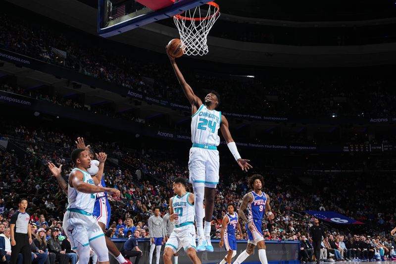 PHILADELPHIA, PA - NOVEMBER 10: Brandon Miller #24 of the Charlotte Hornets rebounds the ball during the game against the Philadelphia 76ers on November 10, 2024 at the Wells Fargo Center in Philadelphia, Pennsylvania NOTE TO USER: User expressly acknowledges and agrees that, by downloading and/or using this Photograph, user is consenting to the terms and conditions of the Getty Images License Agreement. Mandatory Copyright Notice: Copyright 2024 NBAE (Photo by Jesse D. Garrabrant/NBAE via Getty Images)