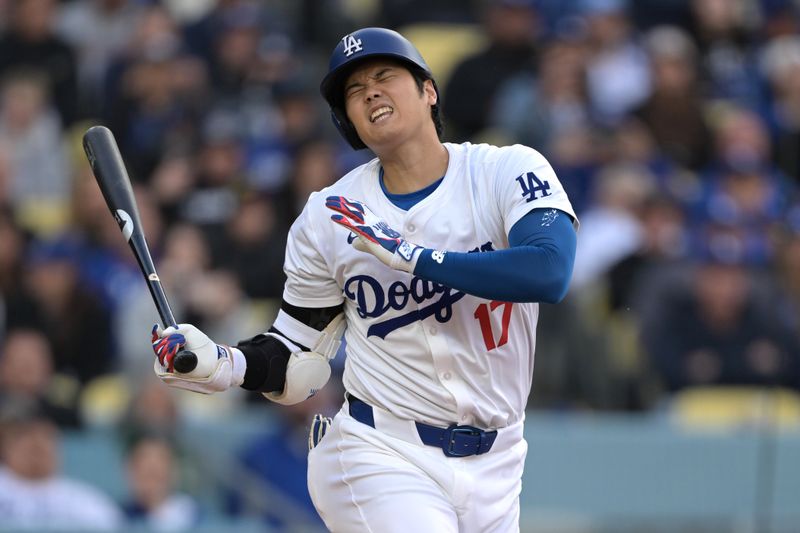 Apr 14, 2024; Los Angeles, California, USA; Los Angeles Dodgers designated hitter Shohei Ohtani (17) reacts after fouling a ball off his foot in the sixth inning against the San Diego Padres at Dodger Stadium. Mandatory Credit: Jayne Kamin-Oncea-USA TODAY Sports